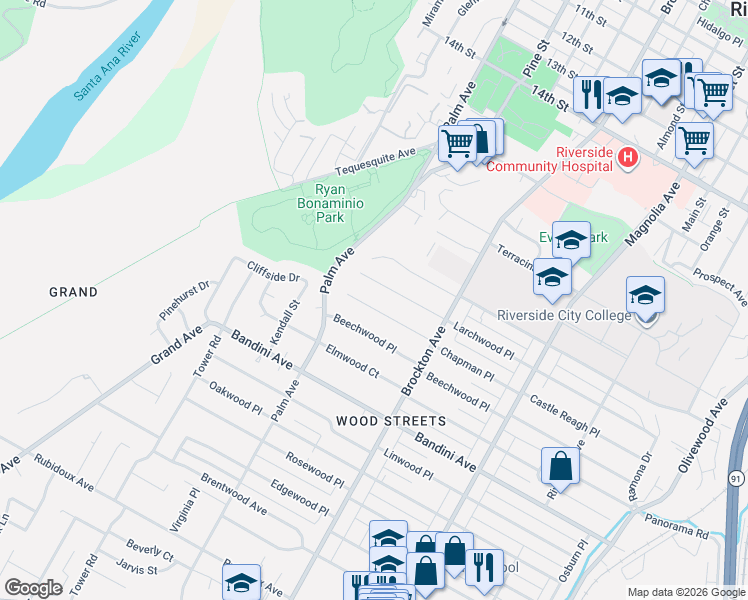 map of restaurants, bars, coffee shops, grocery stores, and more near 4391 Highland Place in Riverside