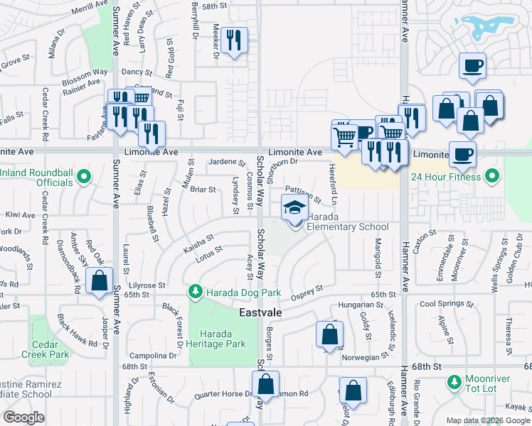 map of restaurants, bars, coffee shops, grocery stores, and more near 6421 Scholar Way in Eastvale
