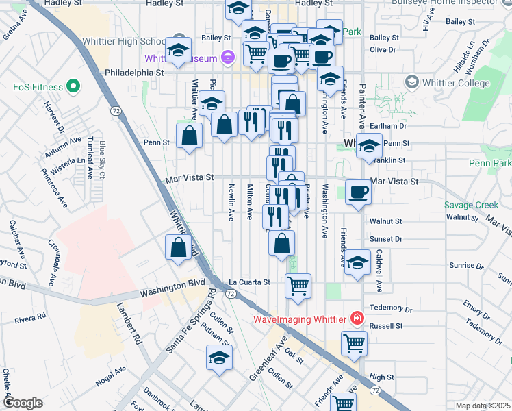 map of restaurants, bars, coffee shops, grocery stores, and more near 7668 Milton Avenue in Whittier