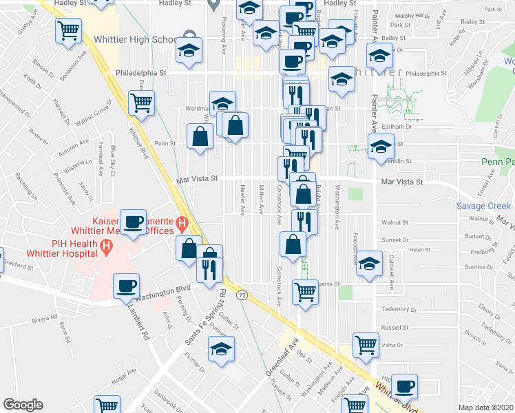 map of restaurants, bars, coffee shops, grocery stores, and more near 7668 Milton Avenue in Whittier