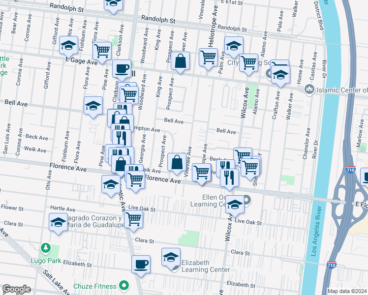 map of restaurants, bars, coffee shops, grocery stores, and more near 6921 Vinevale Avenue in Bell