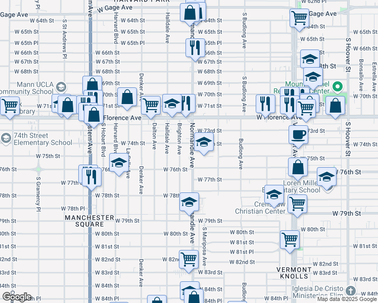 map of restaurants, bars, coffee shops, grocery stores, and more near 7501 Normandie Avenue in Los Angeles