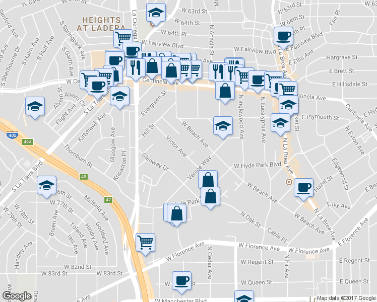 map of restaurants, bars, coffee shops, grocery stores, and more near 846 Victor Avenue in Inglewood
