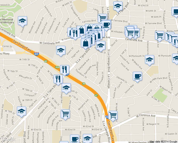 map of restaurants, bars, coffee shops, grocery stores, and more near 7144 Ramsgate Avenue in Los Angeles
