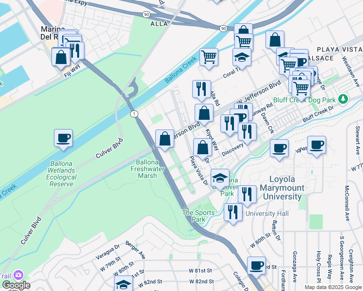 map of restaurants, bars, coffee shops, grocery stores, and more near 5710 Crescent Park East in Los Angeles