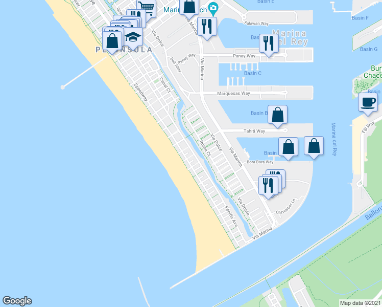 map of restaurants, bars, coffee shops, grocery stores, and more near 41 Outrigger Street in Marina del Rey