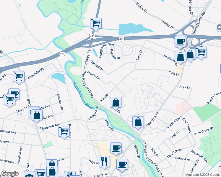 map of restaurants, bars, coffee shops, grocery stores, and more near 215 Ruth Street in Athens
