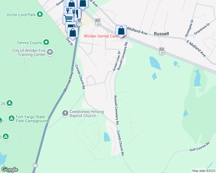 map of restaurants, bars, coffee shops, grocery stores, and more near 245 Oceanliner Drive in Winder