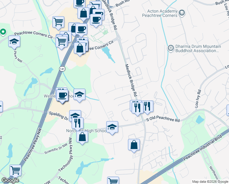 map of restaurants, bars, coffee shops, grocery stores, and more near 5224 North Hampton Ridge in Norcross