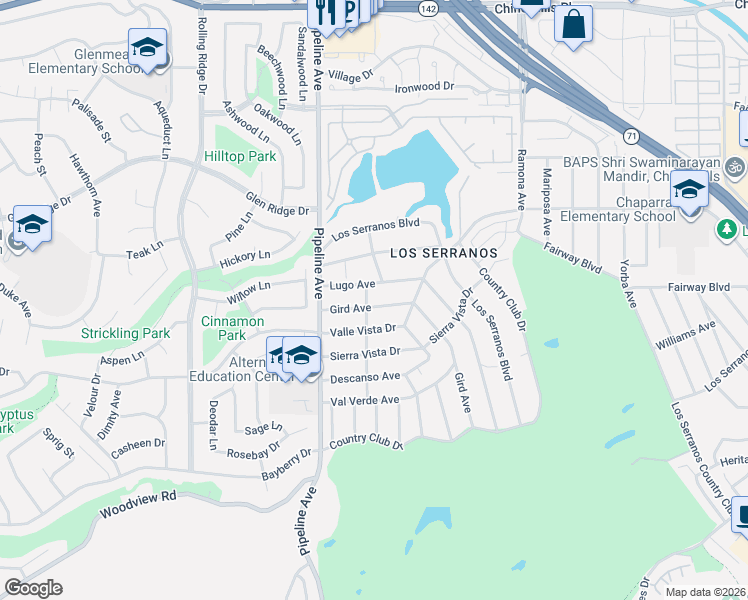 map of restaurants, bars, coffee shops, grocery stores, and more near 4220 Gird Avenue in Chino Hills