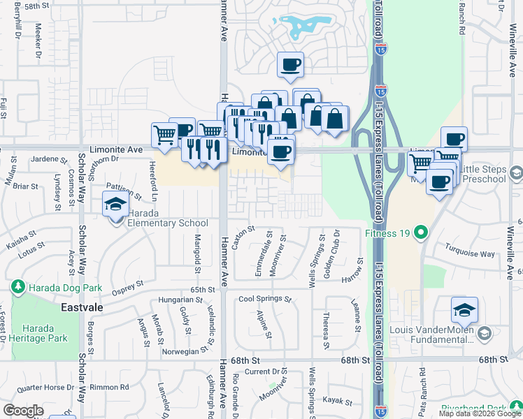 map of restaurants, bars, coffee shops, grocery stores, and more near 12500 Castelo Lane in Eastvale