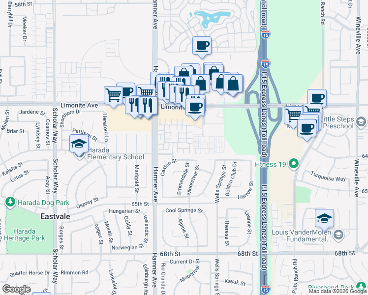 map of restaurants, bars, coffee shops, grocery stores, and more near 12488 Castelo Lane in Eastvale