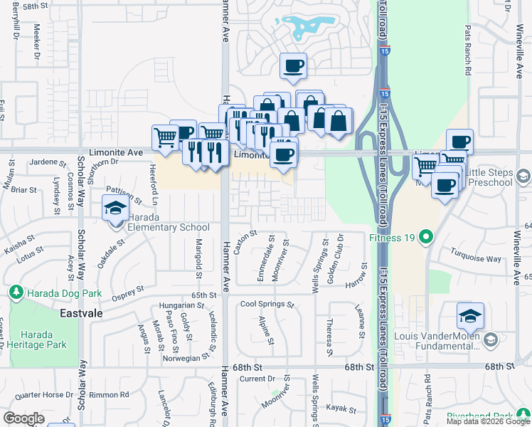 map of restaurants, bars, coffee shops, grocery stores, and more near in Eastvale