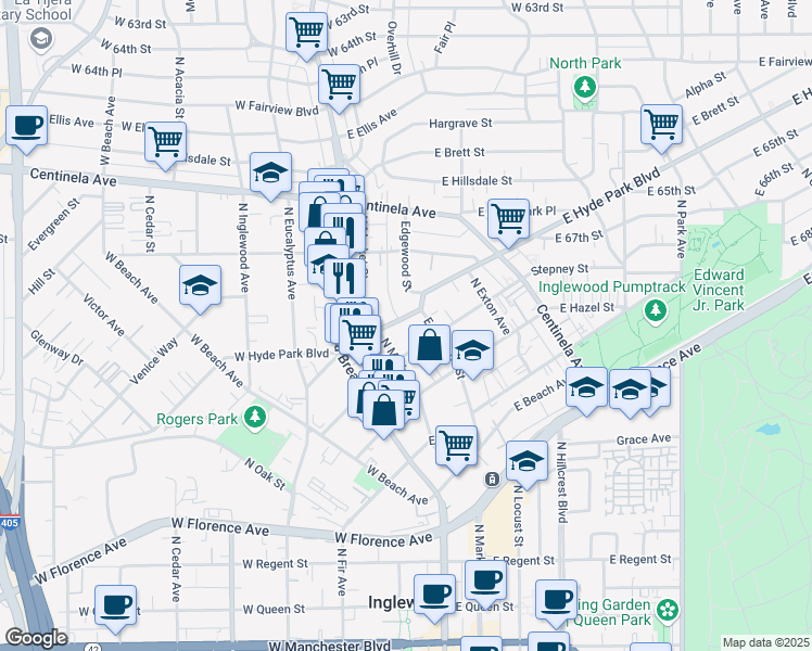 map of restaurants, bars, coffee shops, grocery stores, and more near 220 East Hyde Park Boulevard in Inglewood