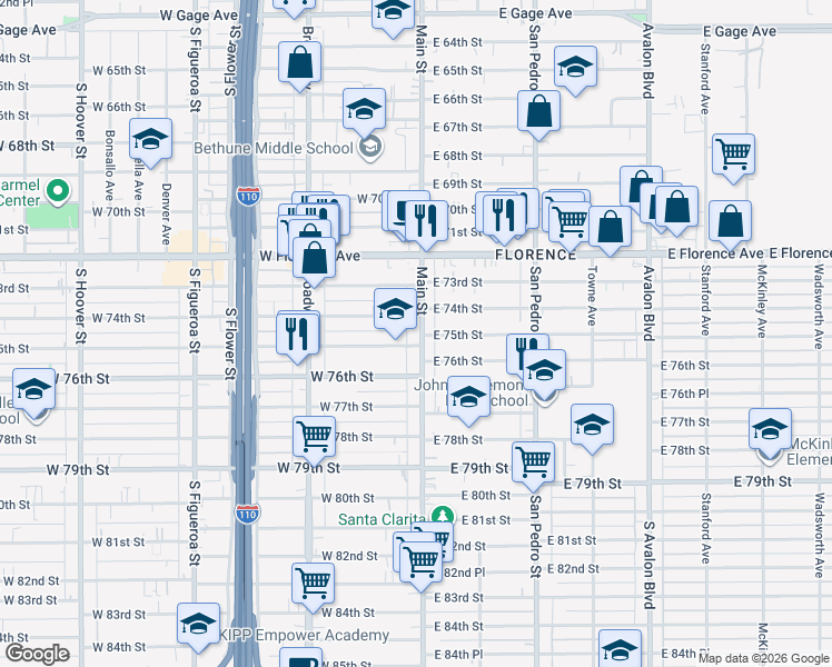 map of restaurants, bars, coffee shops, grocery stores, and more near 7502 South Main Street in Los Angeles
