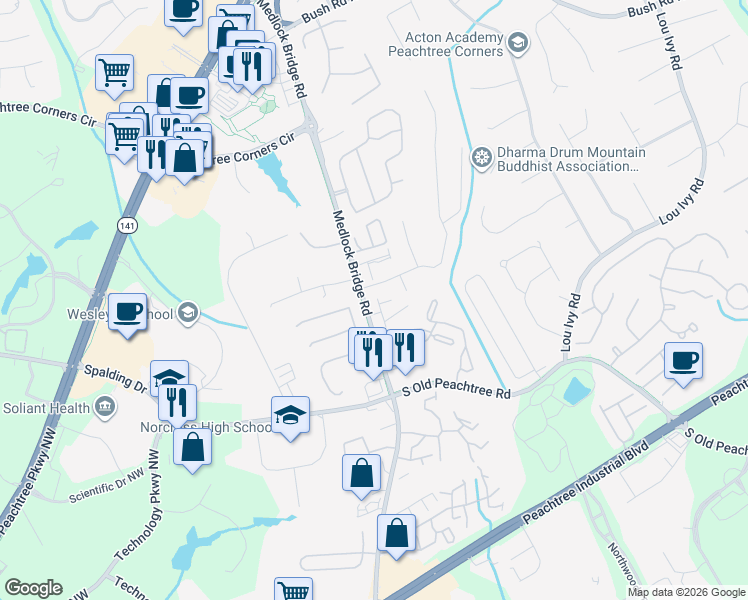 map of restaurants, bars, coffee shops, grocery stores, and more near 3522 Pecos Lane in Norcross