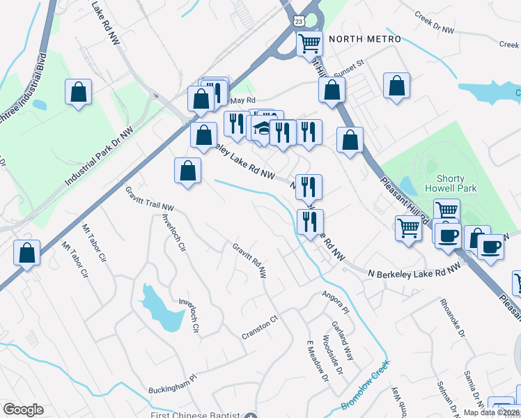 map of restaurants, bars, coffee shops, grocery stores, and more near 4082 Howell Park Road in Duluth