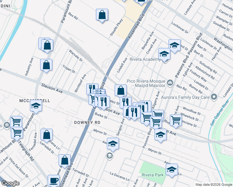 map of restaurants, bars, coffee shops, grocery stores, and more near 7699 Perkins Street in Pico Rivera