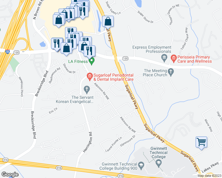map of restaurants, bars, coffee shops, grocery stores, and more near 1735 Westfield Court Northwest in Lawrenceville