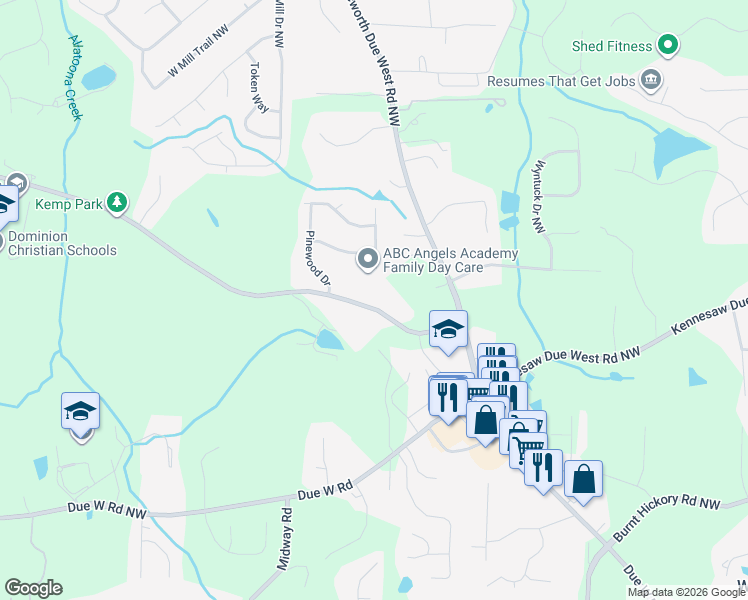 map of restaurants, bars, coffee shops, grocery stores, and more near 4070 Burnt Hickory Road Southwest in Marietta
