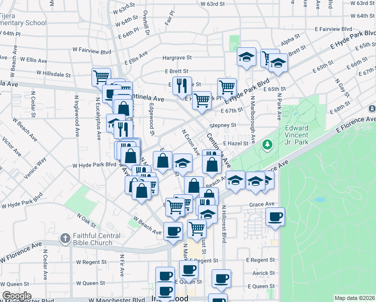 map of restaurants, bars, coffee shops, grocery stores, and more near 519 North Exton Avenue in Inglewood