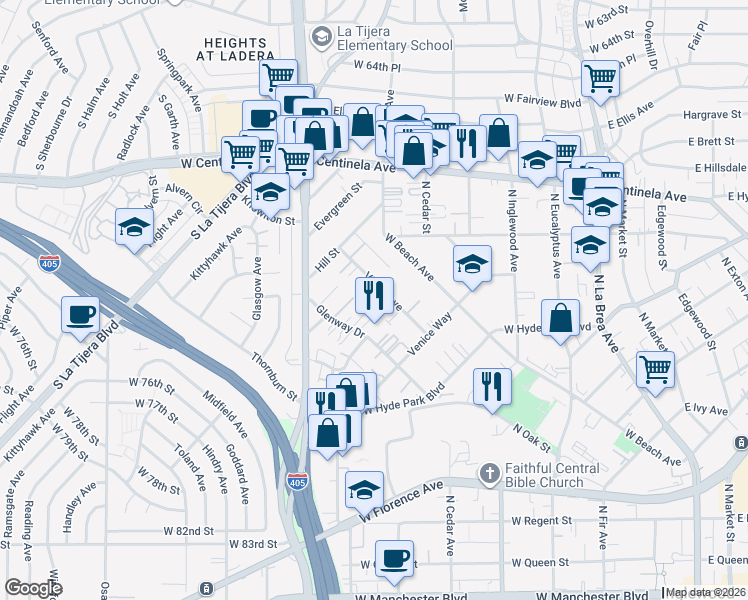 map of restaurants, bars, coffee shops, grocery stores, and more near 868 Victor Avenue in Inglewood
