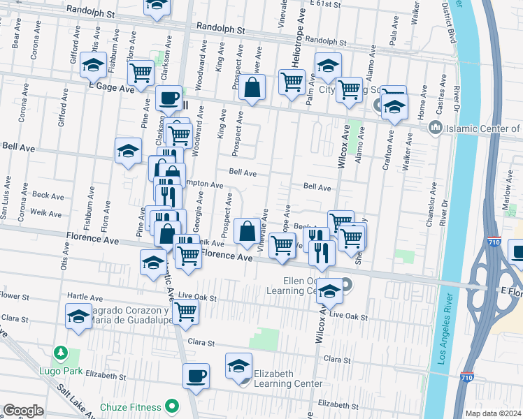 map of restaurants, bars, coffee shops, grocery stores, and more near 6913 Vinevale Avenue in Bell