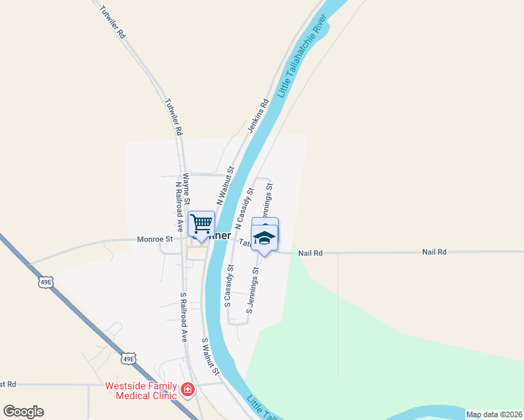 map of restaurants, bars, coffee shops, grocery stores, and more near 423 South Jennings Street in Sumner