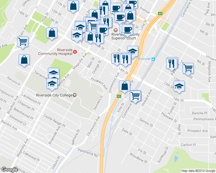 map of restaurants, bars, coffee shops, grocery stores, and more near 3431 Prospect Avenue in Riverside