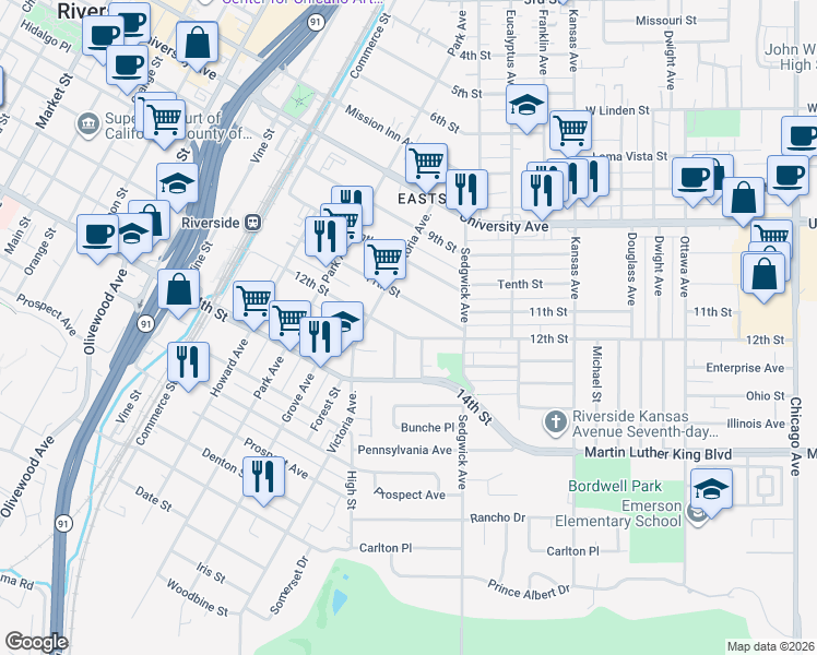 map of restaurants, bars, coffee shops, grocery stores, and more near 2571 12th Street in Riverside