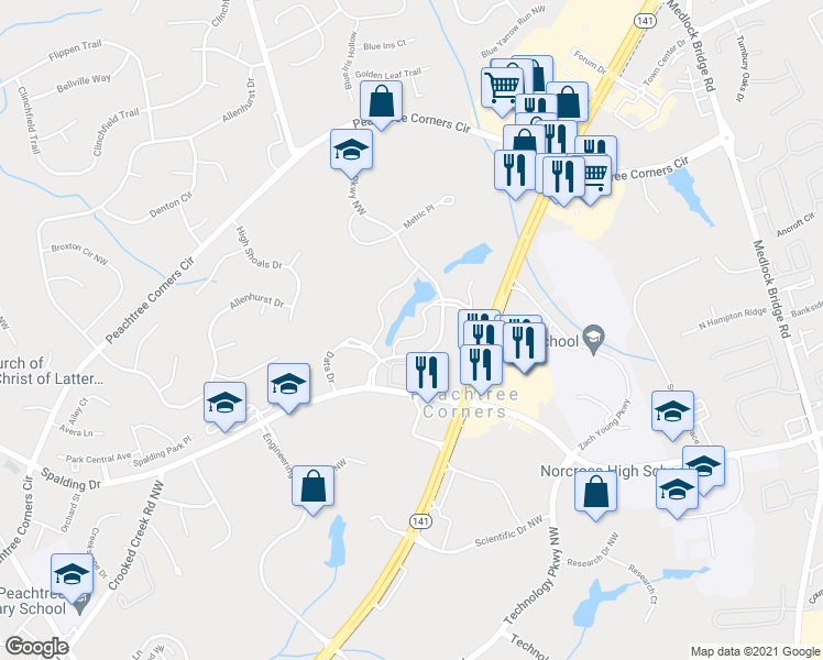 map of restaurants, bars, coffee shops, grocery stores, and more near 5555 Triangle Parkway Northwest in Norcross
