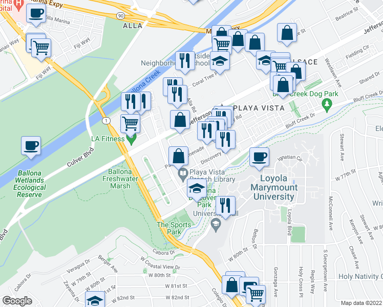 map of restaurants, bars, coffee shops, grocery stores, and more near Kiyot Way in Los Angeles