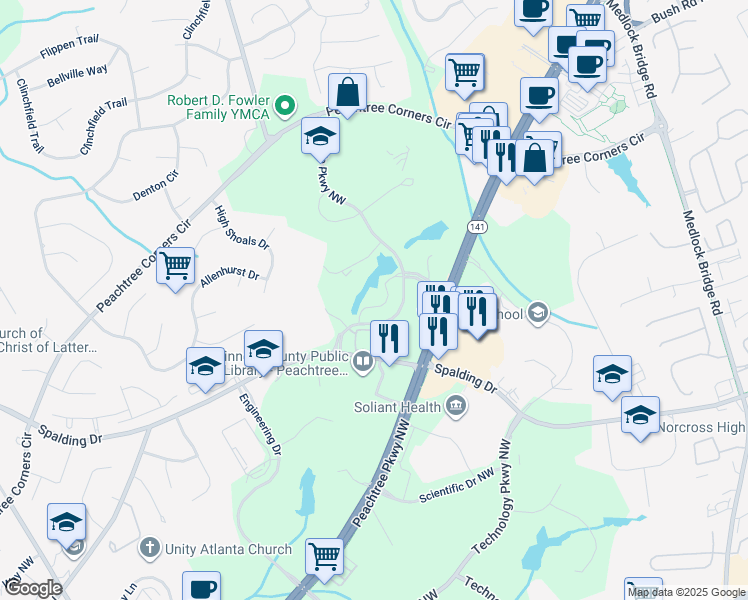 map of restaurants, bars, coffee shops, grocery stores, and more near 5555 Triangle Parkway Northwest in Norcross