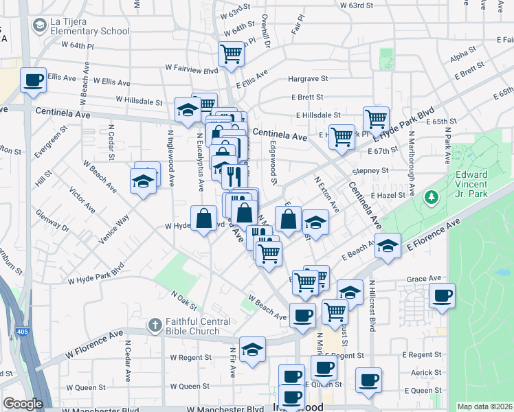map of restaurants, bars, coffee shops, grocery stores, and more near 200 East Hyde Park Boulevard in Inglewood