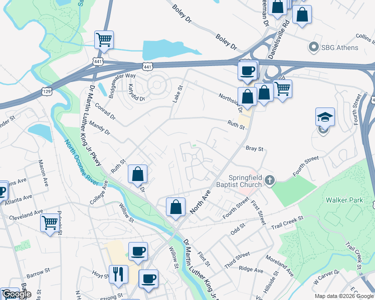 map of restaurants, bars, coffee shops, grocery stores, and more near 211 North Avenue in Athens