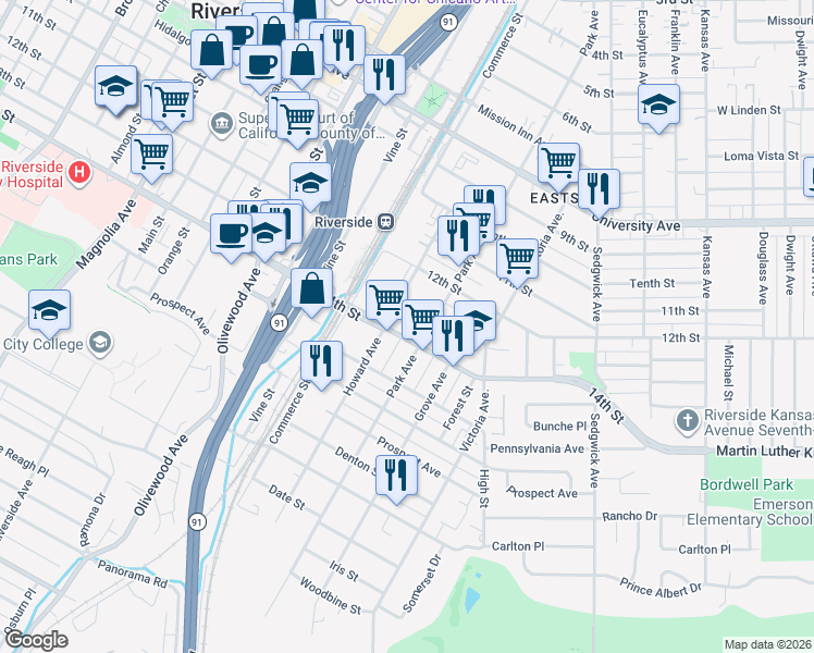 map of restaurants, bars, coffee shops, grocery stores, and more near 2945 14th St in Riverside