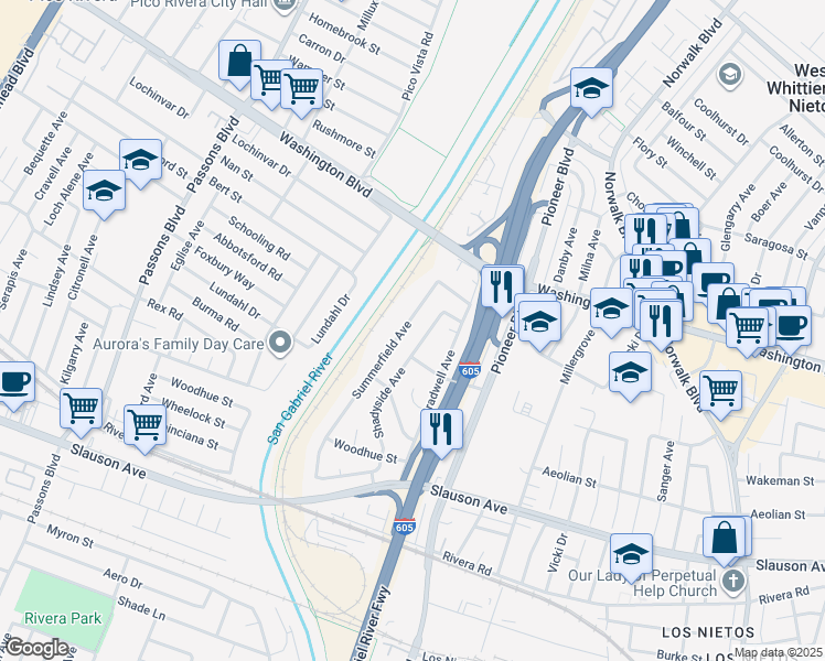 map of restaurants, bars, coffee shops, grocery stores, and more near 8168 Summerfield Avenue in Whittier