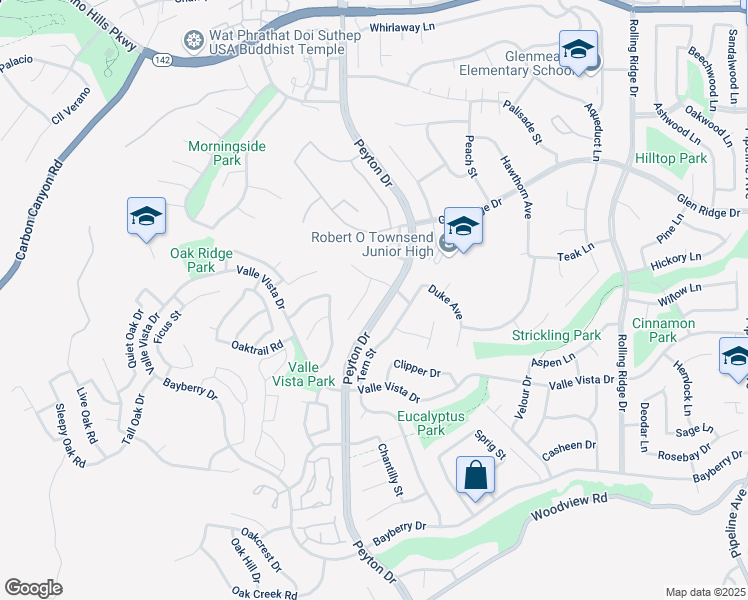 map of restaurants, bars, coffee shops, grocery stores, and more near 15451 Painter Drive in Chino Hills
