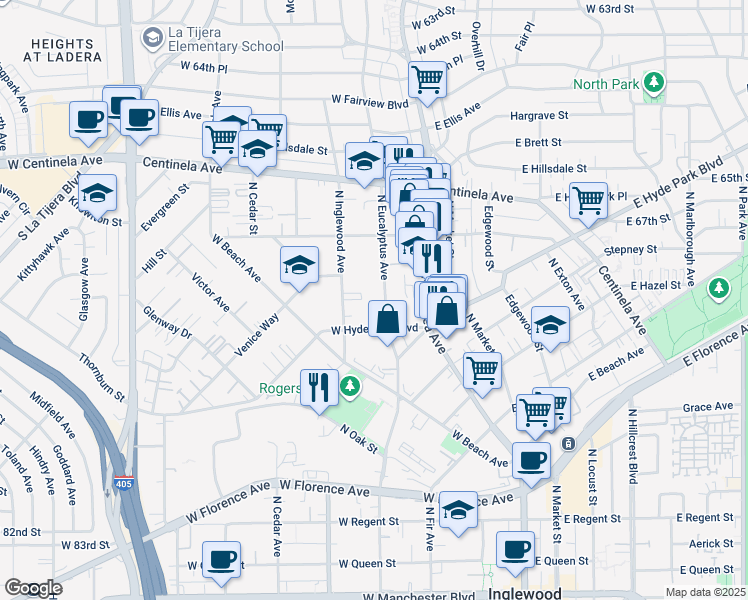 map of restaurants, bars, coffee shops, grocery stores, and more near 727 North Eucalyptus Avenue in Inglewood