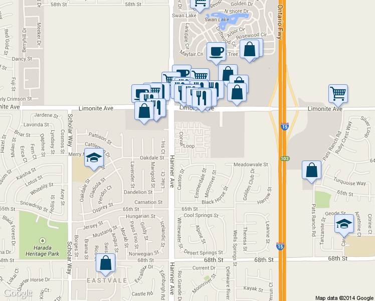 map of restaurants, bars, coffee shops, grocery stores, and more near 6366 Estrela Lane in Eastvale