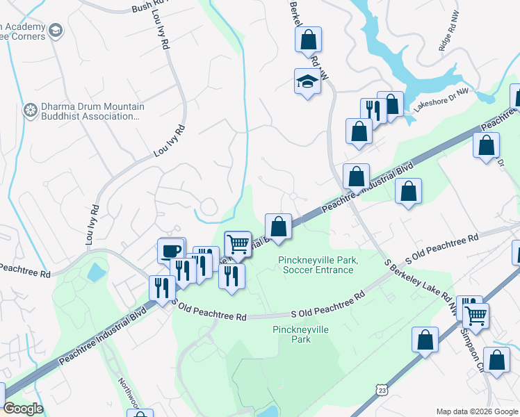 map of restaurants, bars, coffee shops, grocery stores, and more near 4729 Peachtree Industrial Boulevard in Duluth
