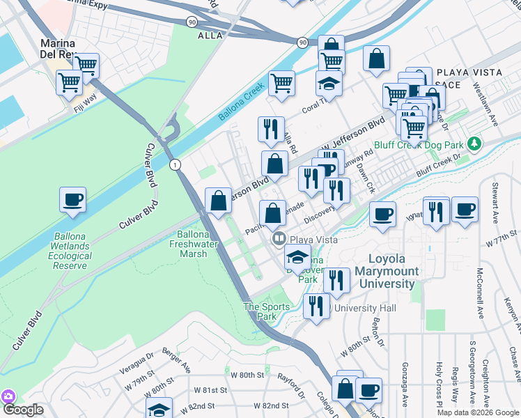 map of restaurants, bars, coffee shops, grocery stores, and more near 5831 Seawalk Drive in Los Angeles
