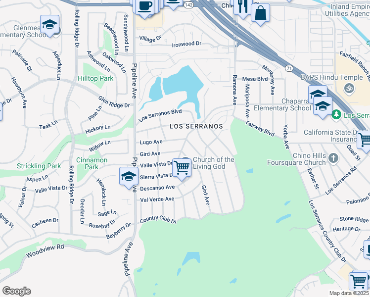 map of restaurants, bars, coffee shops, grocery stores, and more near 4294 Gird Avenue in Chino Hills