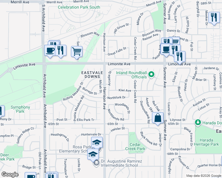 map of restaurants, bars, coffee shops, grocery stores, and more near 6412 Arcadia Street in Corona