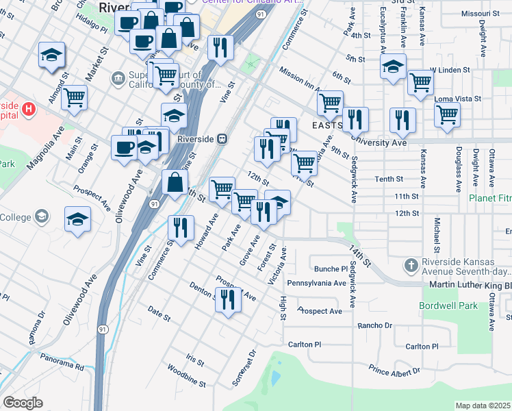 map of restaurants, bars, coffee shops, grocery stores, and more near 4302 Park Avenue in Riverside
