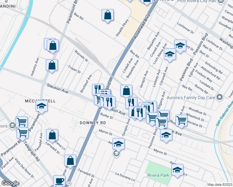 map of restaurants, bars, coffee shops, grocery stores, and more near 7636 Bequette Avenue in Pico Rivera