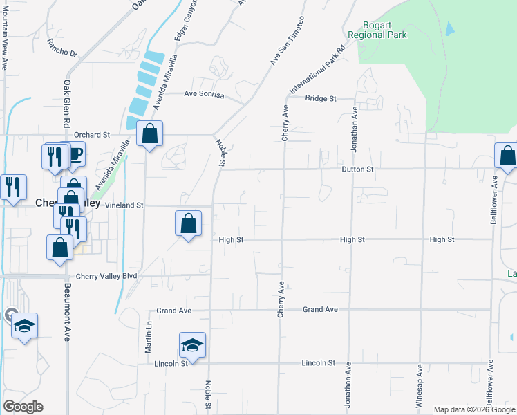 map of restaurants, bars, coffee shops, grocery stores, and more near 39910 Lambert Road in Cherry Valley
