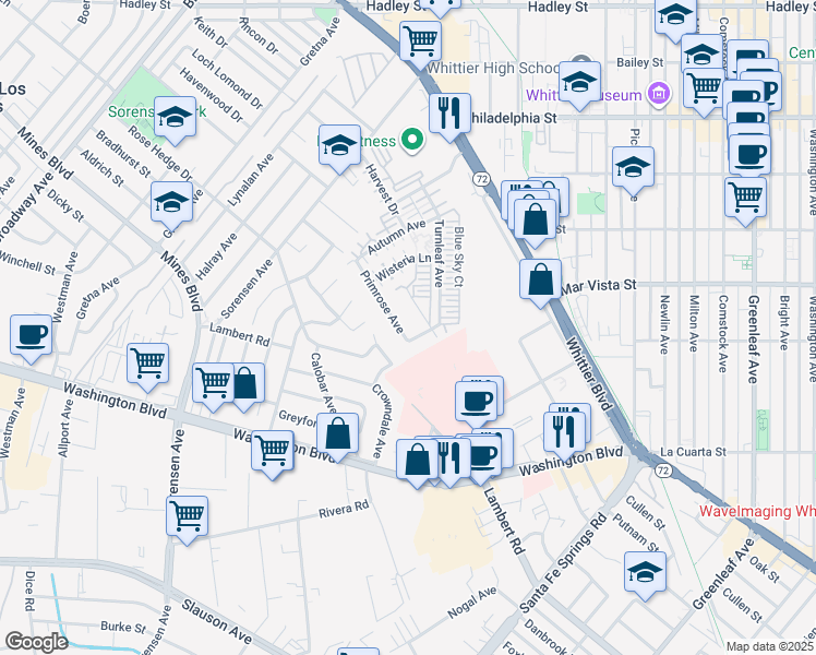 map of restaurants, bars, coffee shops, grocery stores, and more near 12379 Primrose Avenue in Whittier