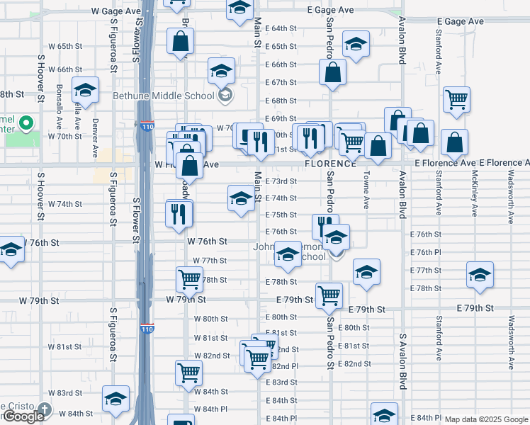 map of restaurants, bars, coffee shops, grocery stores, and more near 7502 South Main Street in Los Angeles