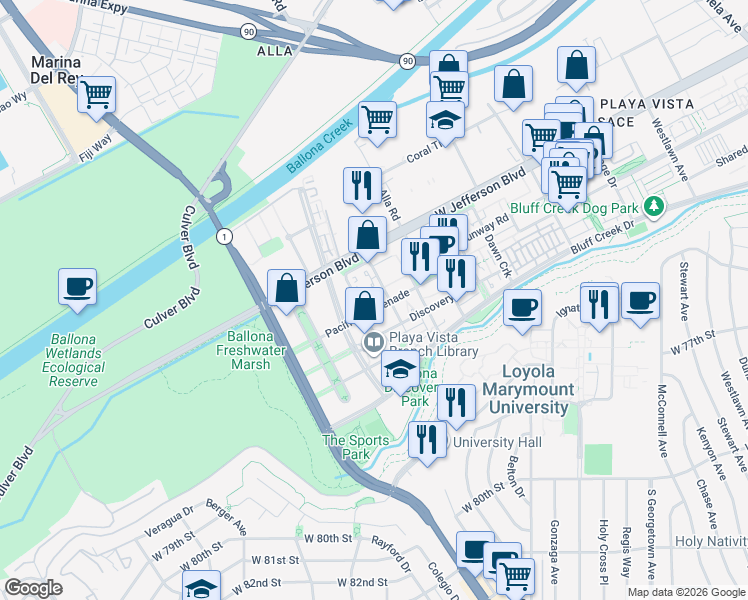 map of restaurants, bars, coffee shops, grocery stores, and more near 13080 Pacific Promenade in Los Angeles